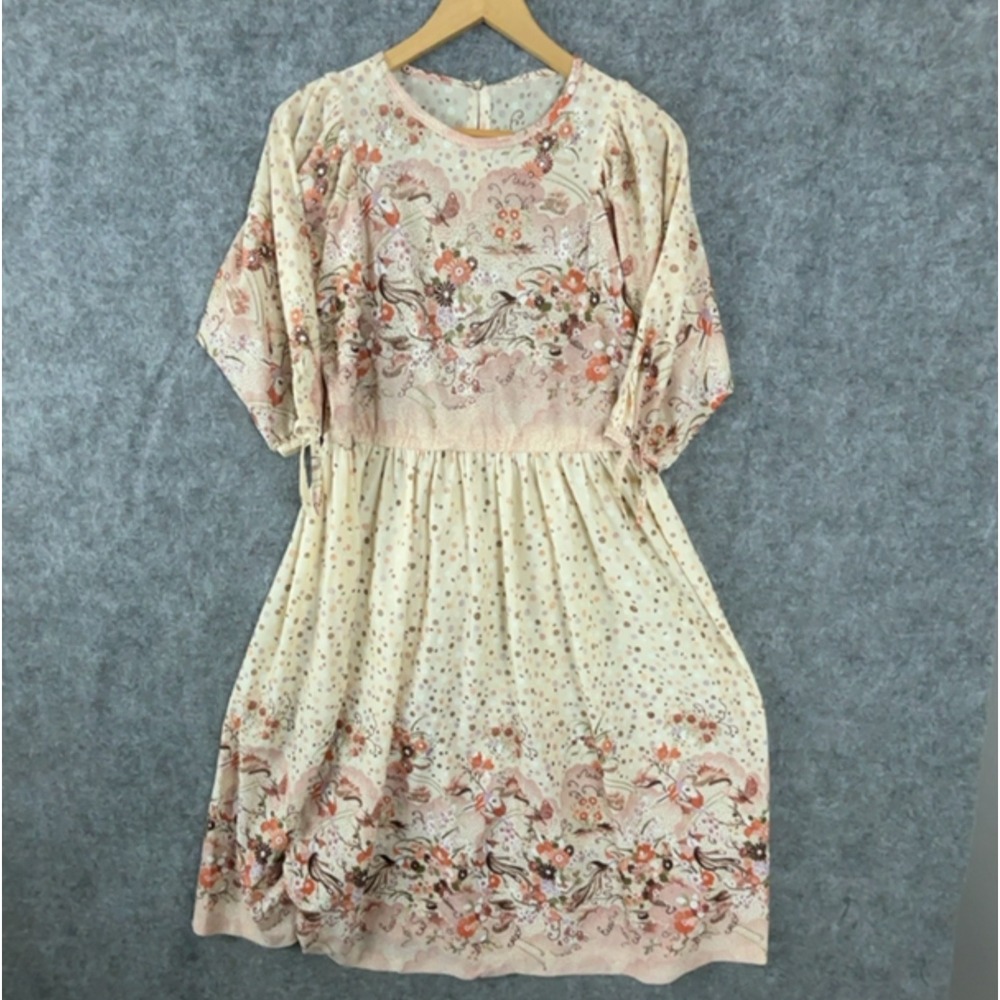 Vicky Vaughn Dress Womens M Beige Floral 70s Boho Fit & Flare Tie Sleeve Midi